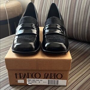 Franco Sarto Black Haircalf & Patent Leather Penny Loafers